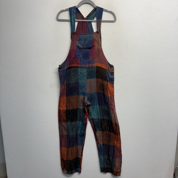 100% Cotton Nepal Overall Jumpsuit Bibs check colorful M/L Floral Boho Hippie - Picture 1 of 6